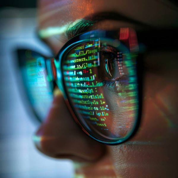 Close-up of a person wearing glasses with computer code reflection suggesting a cybersecurity or software theme