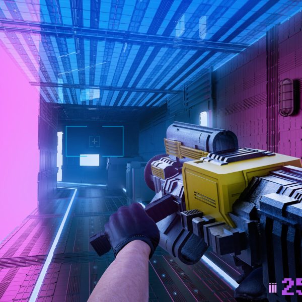 3d render illustration of first person view shooter game arms holding futuristic gun or rifle on sci-fi spaceship corridor background.